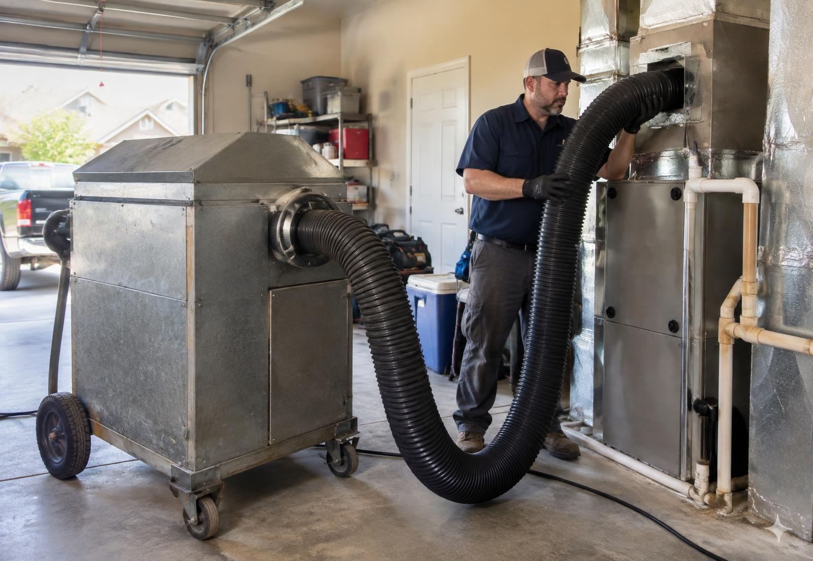 EnviroClean technician cleaning a ceiling air duct vent inside a Texas home